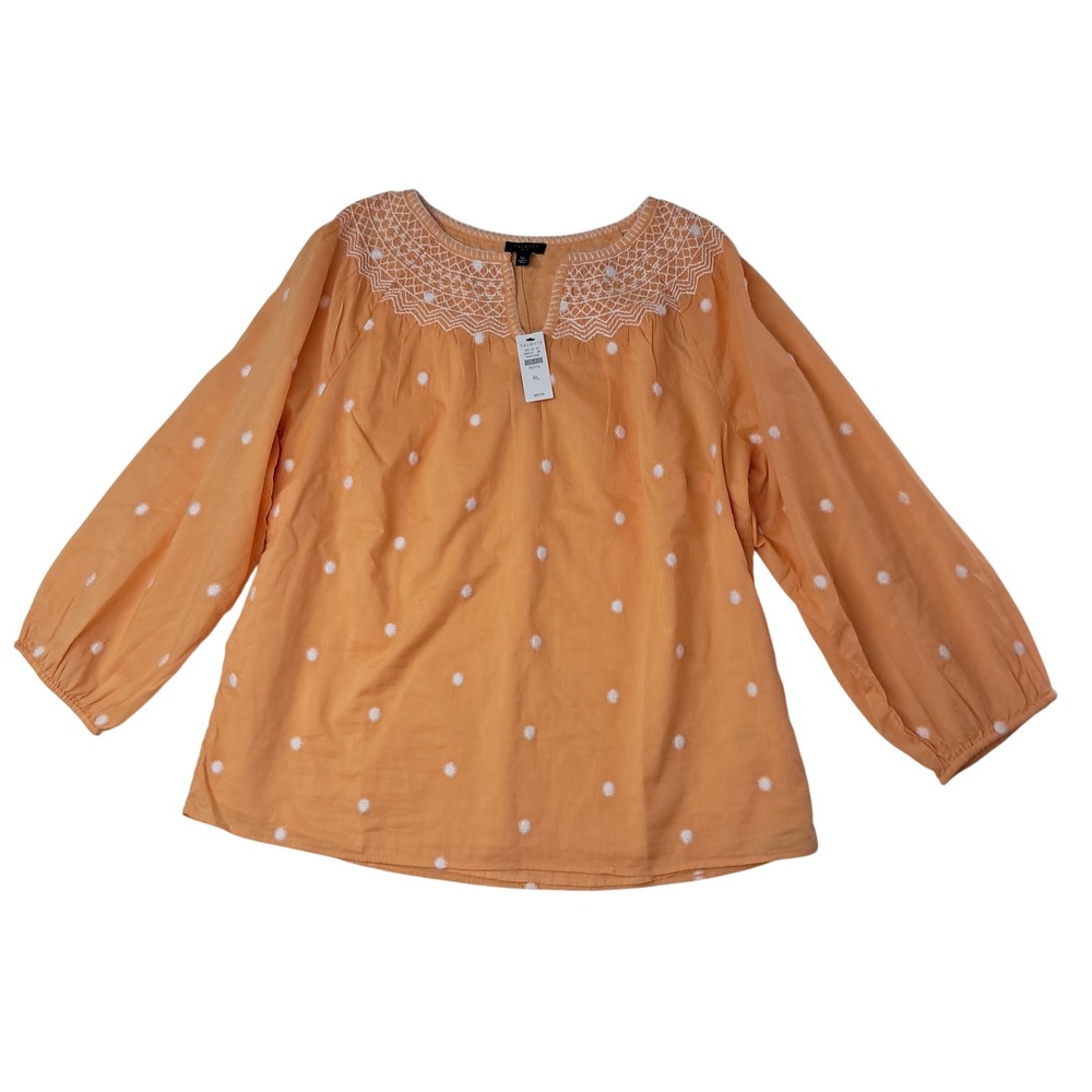 NWT Talbots Top Womens Large Petite Orange Embroidered Smocked Sunrise Dot Boho